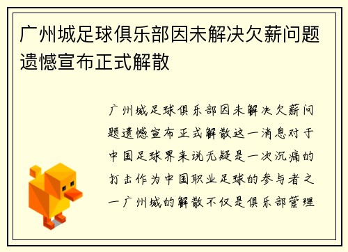 广州城足球俱乐部因未解决欠薪问题遗憾宣布正式解散